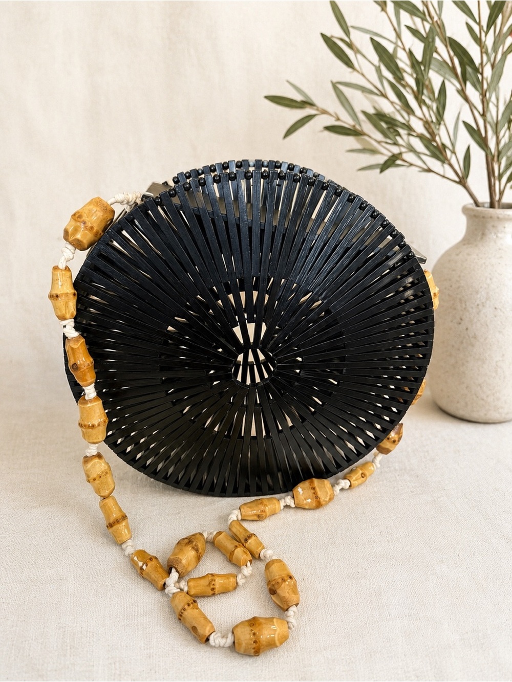 Black Round Bamboo Crossbody Bag with Wooden Bead Strap